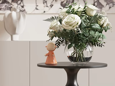 White Rose Bouquet In Clear Glass Vase With Orange Figurine On Black Round Table 3d model