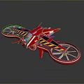 Red Futuristic Game Movie Character Vehicle With Large Wheels And Yellow Black Stripes