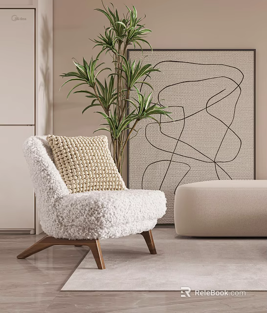 Single Sofa Fluffy Upholstery Wooden Legs with Beige Ottoman Green Plant and Abstract Wall Art 3d model 