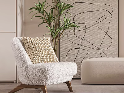 Single Sofa Fluffy Upholstery Wooden Legs with Beige Ottoman Green Plant and Abstract Wall Art 3d model