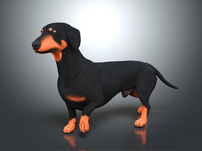 3D Rendered Realistic Black and Tan Dachshund Standing on Shiny Floor with Gray Background 3d model