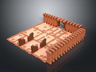 3D Rendered Landscape With Brick Walls Grid Ground And Chess Like Elements 3d model