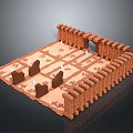 3D Rendered Landscape With Brick Walls Grid Ground And Chess Like Elements