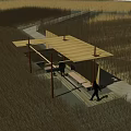 Thatched Roof Wooden Pavilion In Golden Grassland With Stairs And People Around