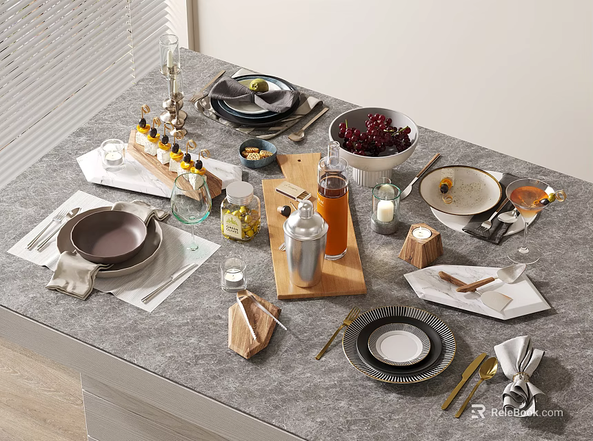 Elegant Modern Dinnerware Set Featuring Ceramic Plates Bowls And Silver Cutlery On Dining Table 3d model