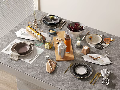 Elegant Modern Dinnerware Set Featuring Ceramic Plates Bowls And Silver Cutlery On Dining Table 3d model