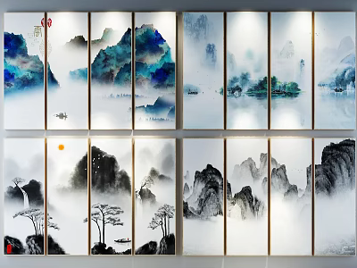 Chinese Ink Style Landscape Paintings With Misty Mountains Boats And Pine Trees 3d model