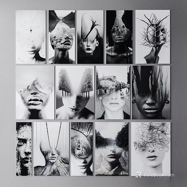 Stylish Black And White Photo Frames With Artistic Face Images On Wall 3d model 