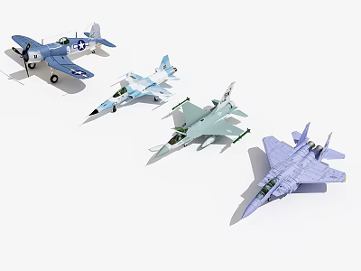 Fighter Jet Models Different Types Various Colors on White Background Arranged 3d model
