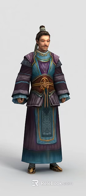 Ancient Post Station Character In Traditional Purple Blue Brown Floral Patterned Clothing With Waist Belt 3d model 