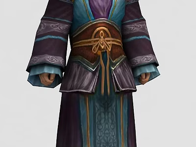 Ancient Post Station Character In Traditional Purple Blue Brown Floral Patterned Clothing With Waist Belt 3d model