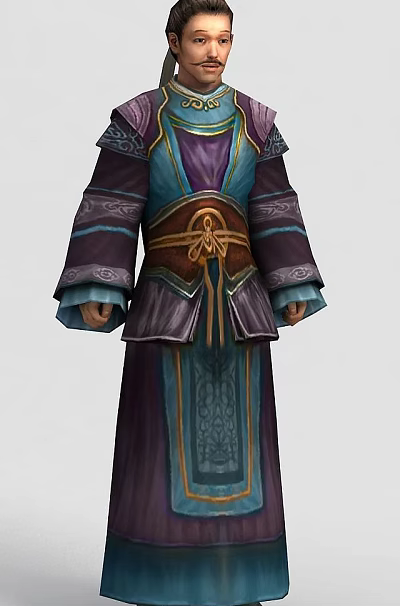 Ancient Post Station Character In Traditional Purple Blue Brown Floral Patterned Clothing With Waist Belt 3d model