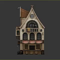 European Style Architecture With Red Tiled Roof Attic Window Arched Doorway And Red Awning