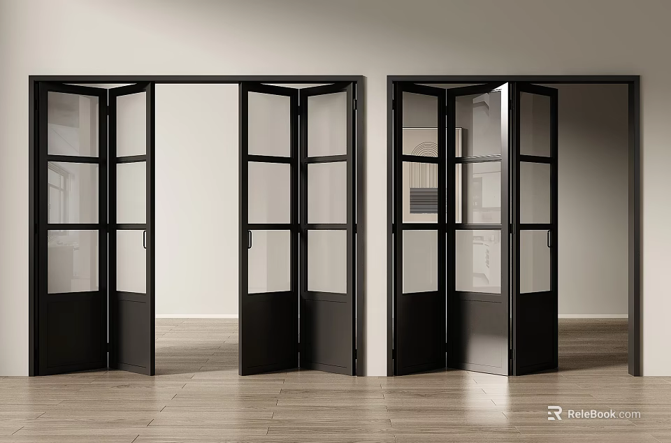 Modern Black Folding Doors With Glass Panels For Modern Interior Space Design 3d model 