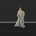 Woman in Traditional Light Blue Hanfu with Floral Patterns Holding Green Fan Against Beige Background