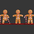 Three Gingerbread Men Figurines Holding Candy Canes On Red Bases Against Black Background