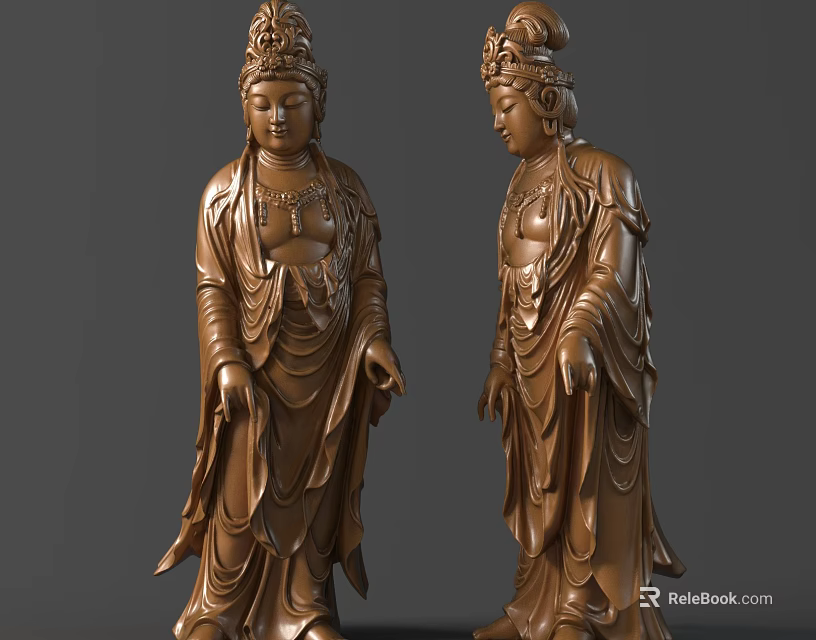 Exquisite Wooden Guanyin Sculpture Carving With Intricate Robes Headdress And Posture Details 3d model 