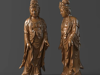 Exquisite Wooden Guanyin Sculpture Carving With Intricate Robes Headdress And Posture Details 3d model