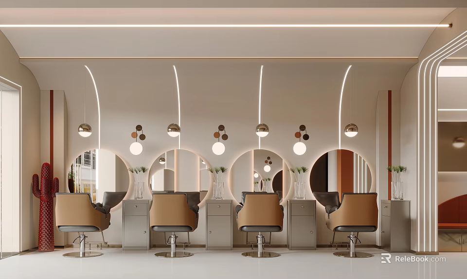 Elegant Modern Beauty Hair Salon Interior Design With Comfortable Styling Chairs And Illuminated Round Mirrors 3d model 