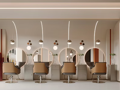 Elegant Modern Beauty Hair Salon Interior Design With Comfortable Styling Chairs And Illuminated Round Mirrors 3d model