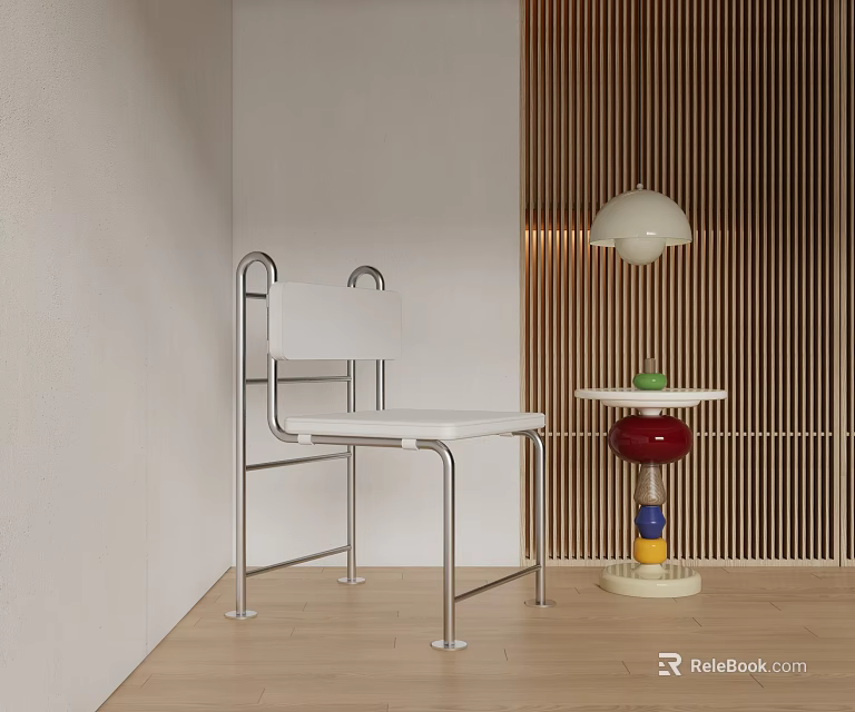 Minimalist White Dining Chair with Metal Frame Against Wooden Slat Wall and Table Lamp 3d model 