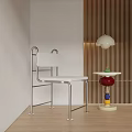 Minimalist White Dining Chair with Metal Frame Against Wooden Slat Wall and Table Lamp