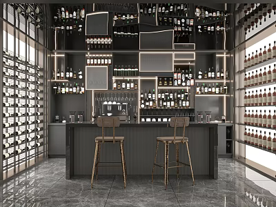 Elegant Wine Cellar Interior Design With Wine Racks Bottles Display Bar Counter And Stools 3d model