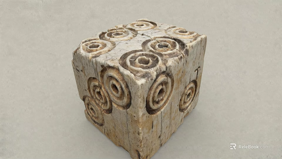 Stone Wood Cube Decorative Piece With Carved Spiral Patterns And Natural Texture 3d model 