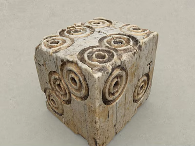Stone Wood Cube Decorative Piece With Carved Spiral Patterns And Natural Texture 3d model