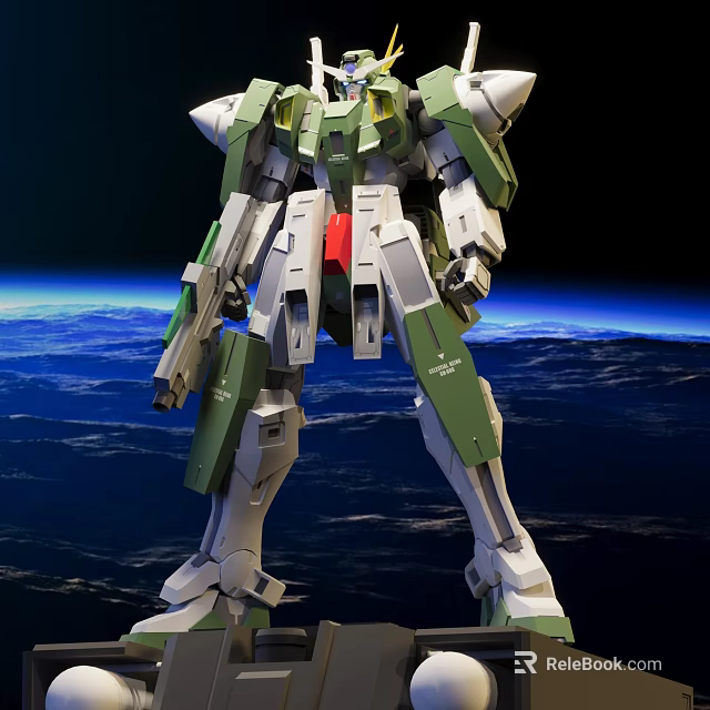 Green And White Robot Model Figure With Intricate Design Against Earth Space Background 3d model 