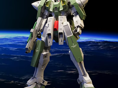 Green And White Robot Model Figure With Intricate Design Against Earth Space Background 3d model