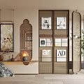 Modern Living Space Interior With Woven Partition Decorative Painting Magazines Plant And Lamp
