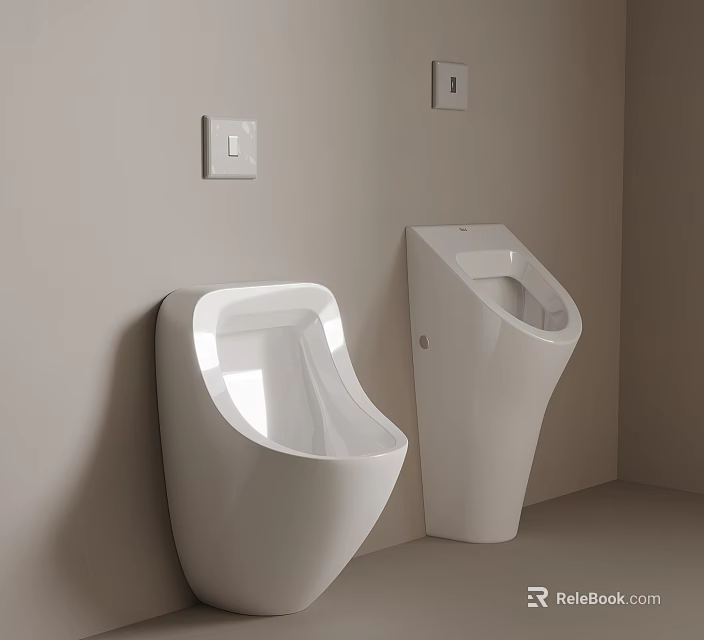Modern Bathroom Featuring White Urinals On Beige Wall With Flush Panels 3d model 