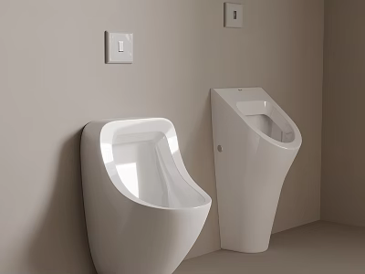 Modern Bathroom Featuring White Urinals On Beige Wall With Flush Panels 3d model