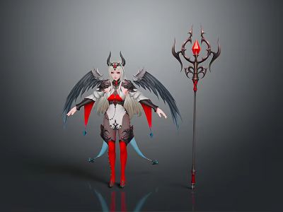 Mythical Winged Horned Character In Red White Outfit With Creature Features And Ornate Staff 3d model