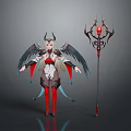 Mythical Winged Horned Character In Red White Outfit With Creature Features And Ornate Staff