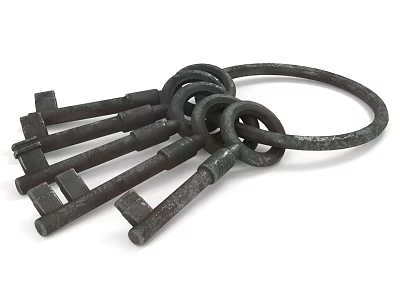 Vintage Metal Keys Decorative Ornament Set With Rustic Finish And Ring 3d model