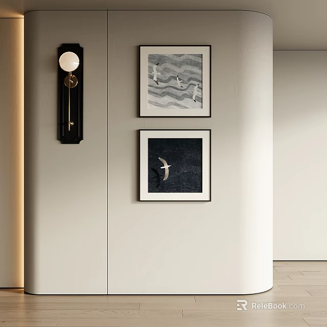 Abstract Paintings With Wave And Bird Patterns On Light Wall Near Hanging Clock 3d model