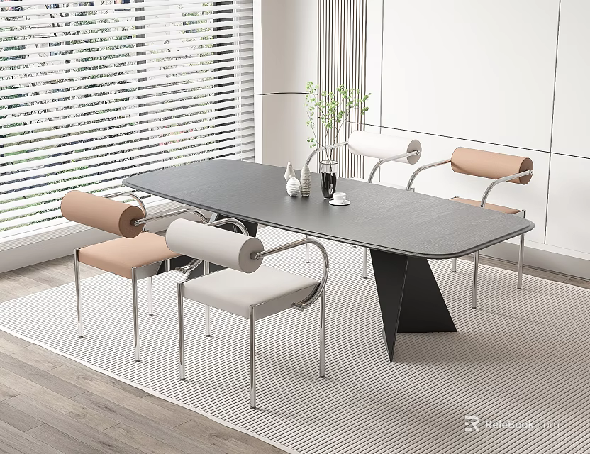 Modern Dining Table Set With Black Top Cream Light Brown Chairs And White Blinds 3d model 