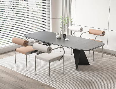 Modern Dining Table Set With Black Top Cream Light Brown Chairs And White Blinds 3d model