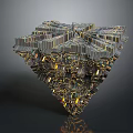 Futuristic Architectural Structure Composed Of Multiple Building Units With Geometric Design And Metallic Texture