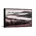 Serene Natural Landscape Painting With Layered Mountains Misty Forest And Lush Trees