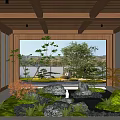 Japanese Indoor Landscape With Wooden Ceiling Green Plants Stone Pond And Moss