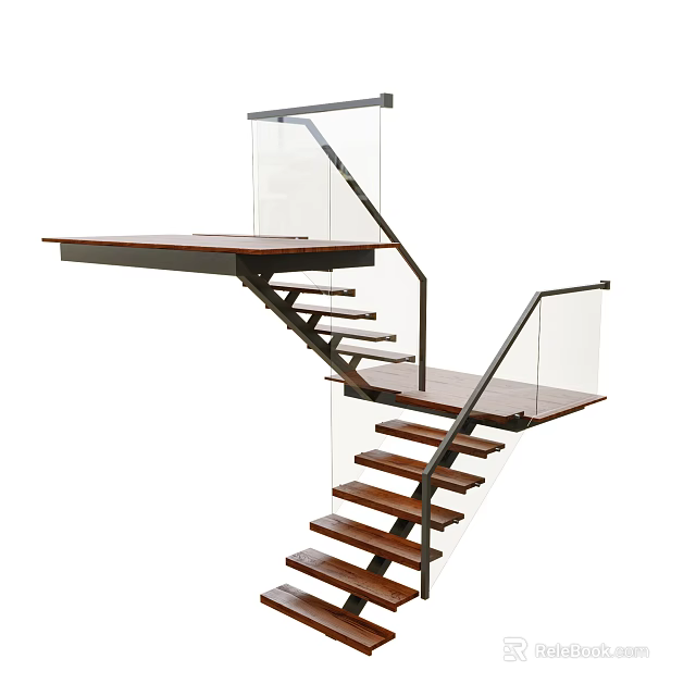 Modern Floating Staircase With Wooden Treads Glass Railing And Metal Handrail 3d model 