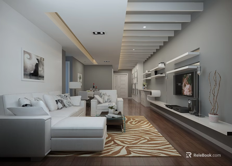 Modern Living Dining Room Design With White Sofa Coffee Table Zebra Rug And Wooden Flooring 3d model 
