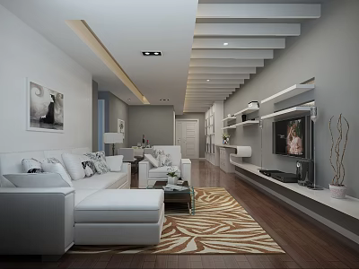 Modern Living Dining Room Design With White Sofa Coffee Table Zebra Rug And Wooden Flooring 3d model
