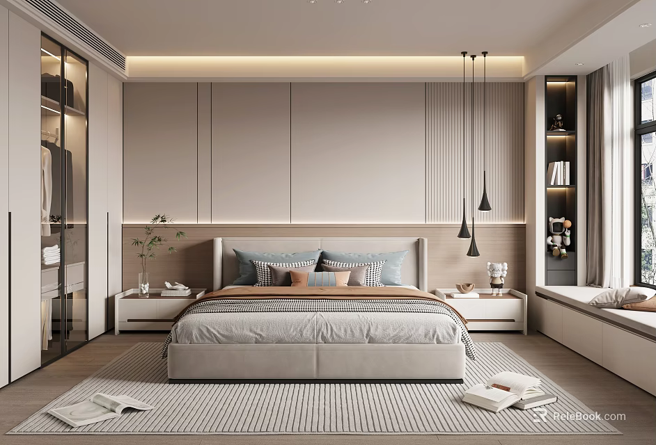 Modern Bedroom Interior With Beige Walls Nightstands Plants Pendant Lights And Striped Rug 3d model 
