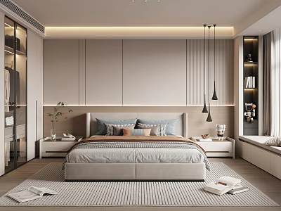 Modern Bedroom Interior With Beige Walls Nightstands Plants Pendant Lights And Striped Rug 3d model