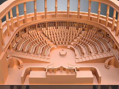 Amphitheater Style Conference Room With Tiered Curved Seating Central Table And Columns 3d model