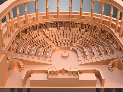 Amphitheater Style Conference Room With Tiered Curved Seating Central Table And Columns 3d model